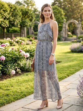 Torrid 00 Black White Ikat Maxi Dress Sleeveless Chiffon Slit Boho - Size M/L